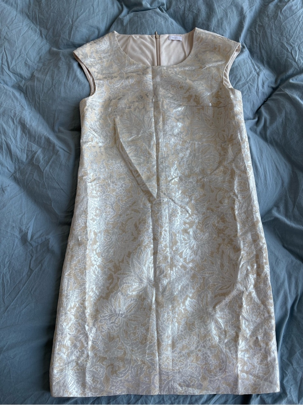 RIANI Ivory and Gold Brocade Sheath Dress
